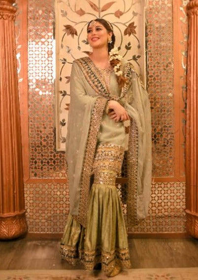 Chiffon Gharara in Moss green