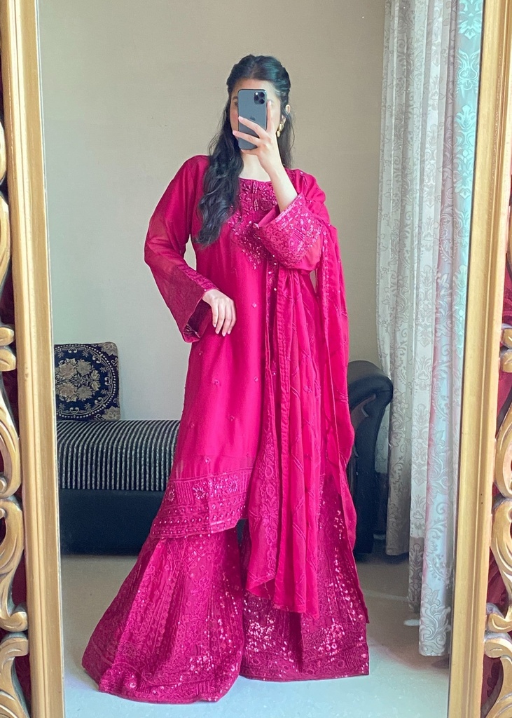 Chiffon Gharara in Hot pink