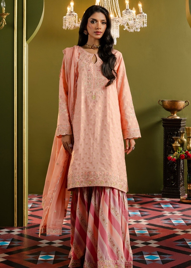 Jacquard Gharara in Peach pink, peach orange