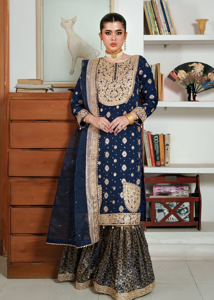 Chiffon Gharara in Navy blue