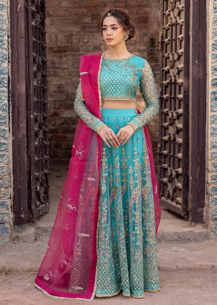 Net Lehenga in Turquoise