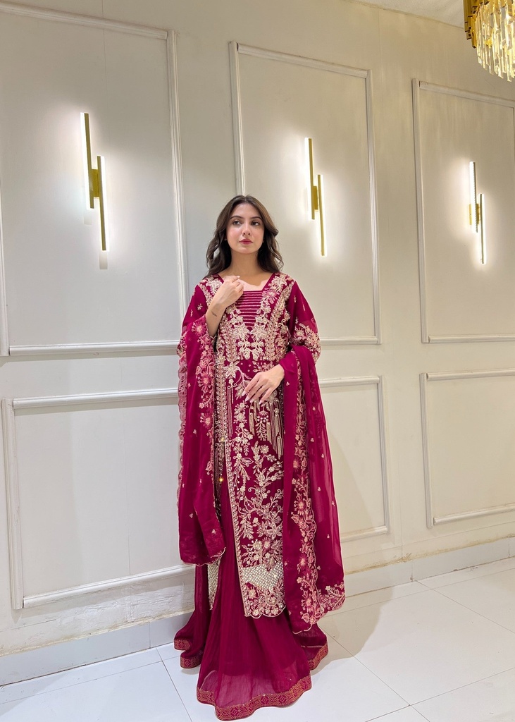 Bemberg crinkle chiffon Lehenga in Magenta