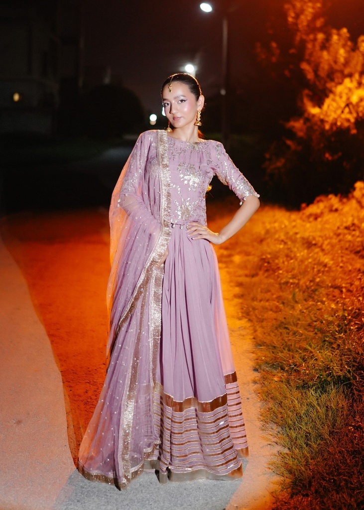 Bemberg crinkle chiffon Lehenga in Purple ash
