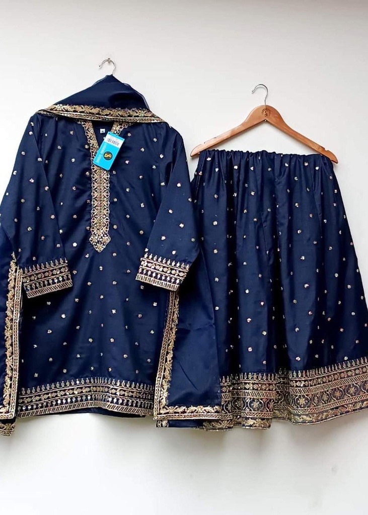 Viscose raw silk Lehenga in Navy blue