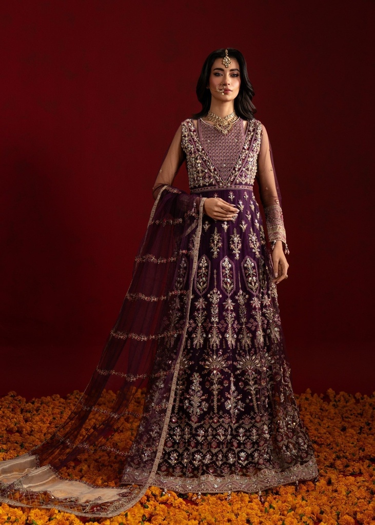 Net Lehenga in Plum