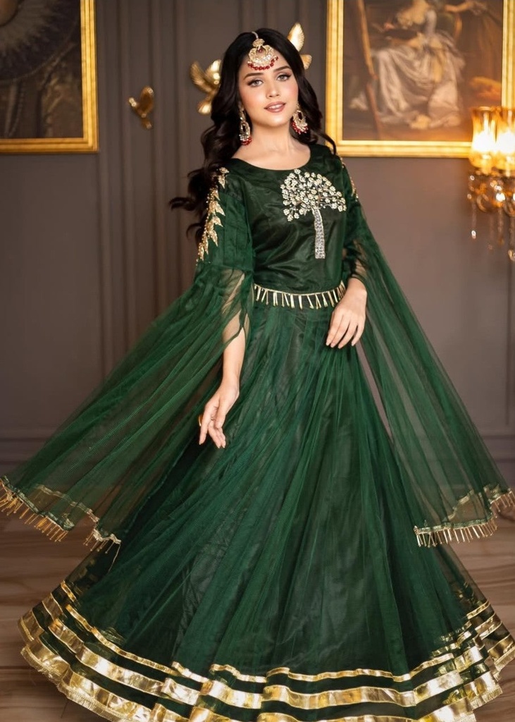 Net Lehenga in Bottle green