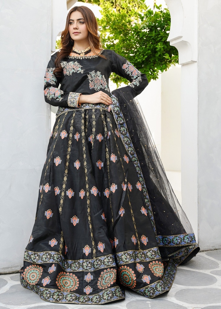 Kattan silk Lehenga in Black