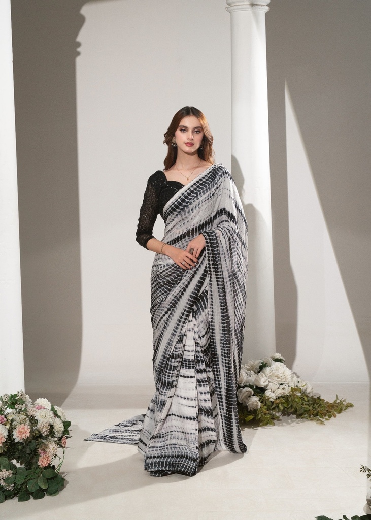 Net Saree in Black, white
