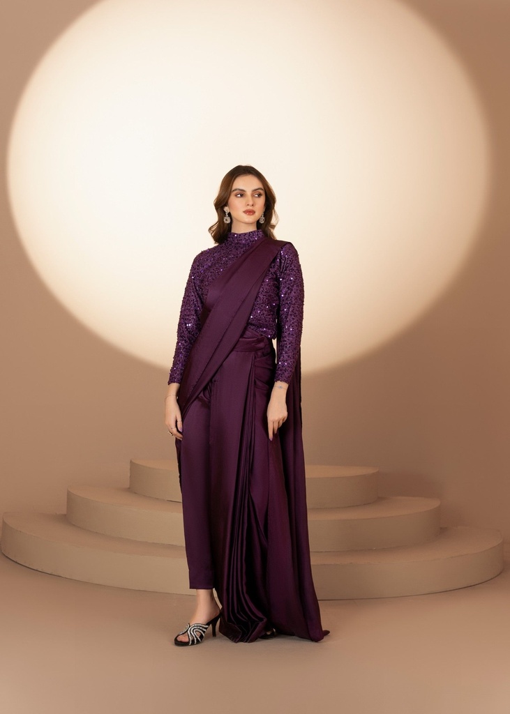 Net Saree in Plum