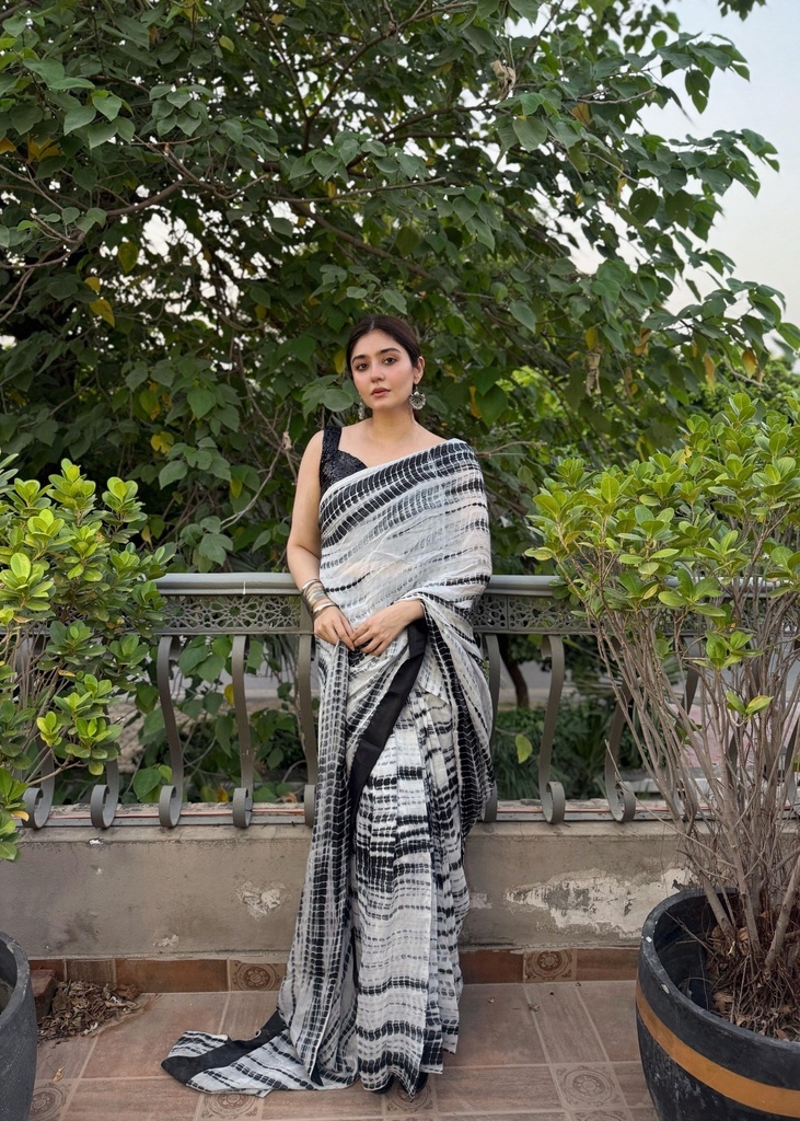 Net Saree in White, black