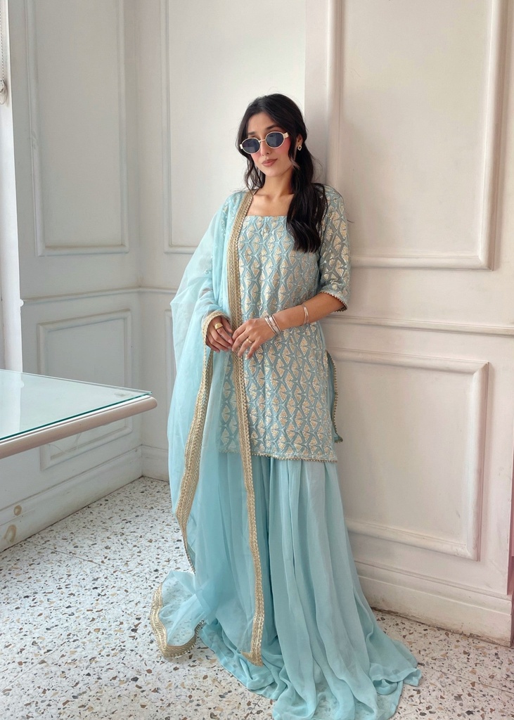 Bemberg crinkle chiffon Sharara in Sky blue