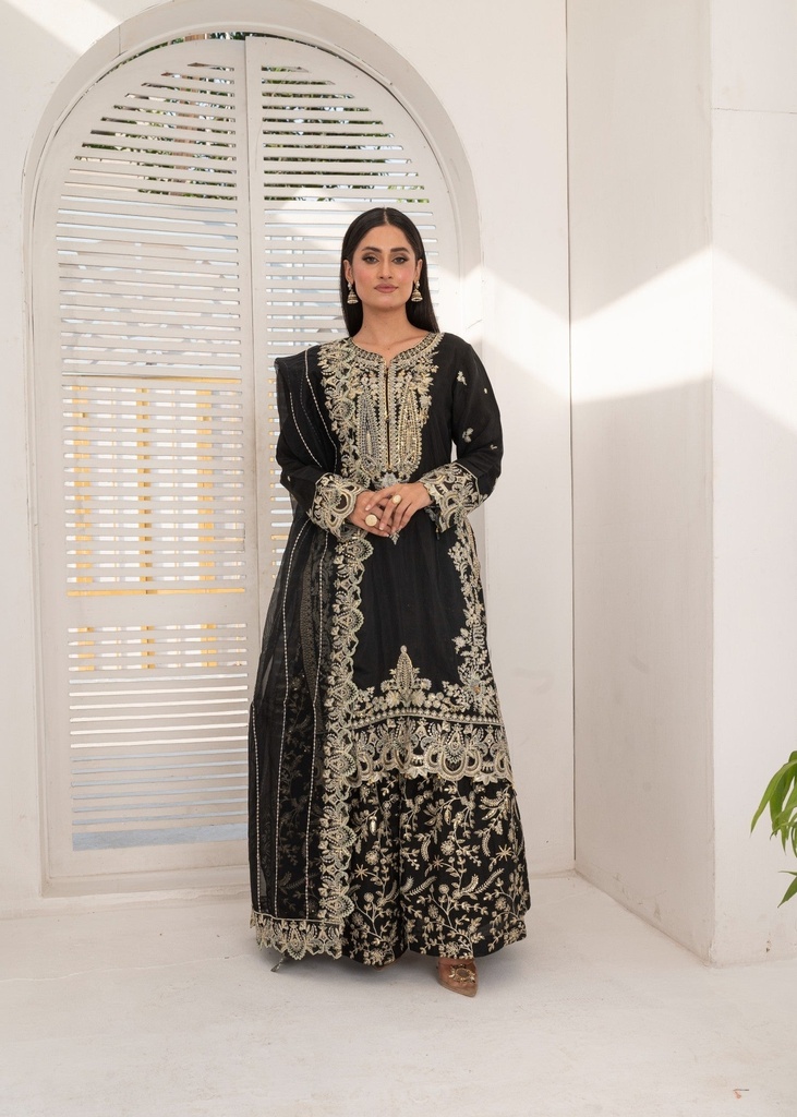 Pk raw silk Sharara in Black