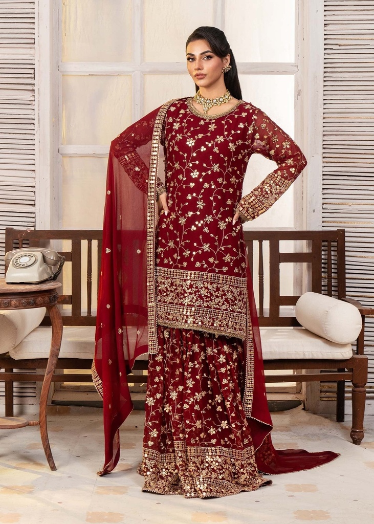 Gharara in Cherry red by Ayesha Closet