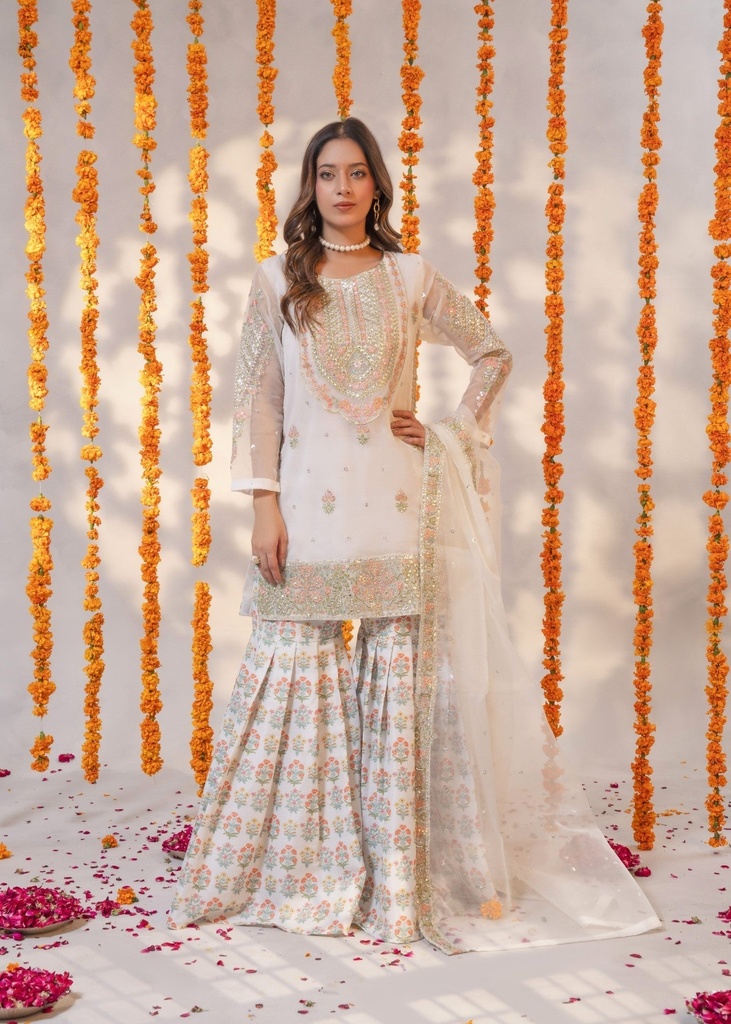 Gharara in White by Meraki