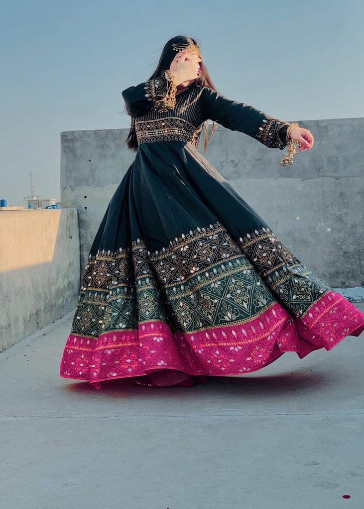 Cotton satin Anarkali in Black