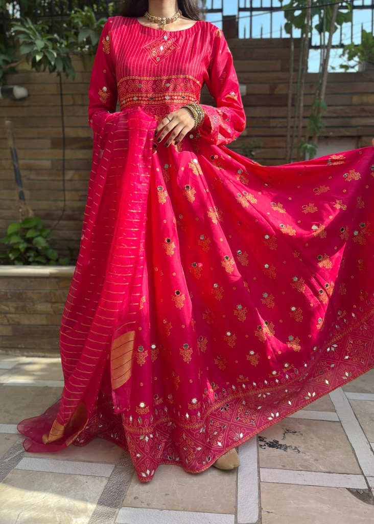 Cotton silk Anarkali in Shocking pink