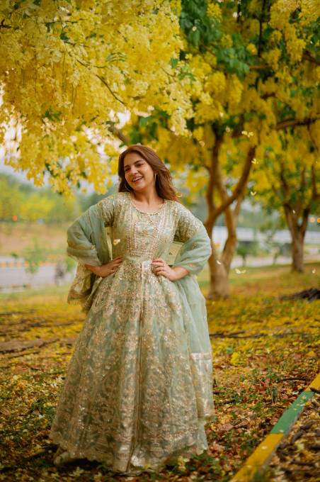 Organza Anarkali in Pistachio green
