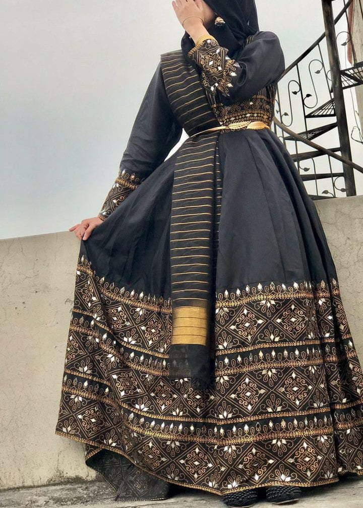 Cotton satin Anarkali in Black