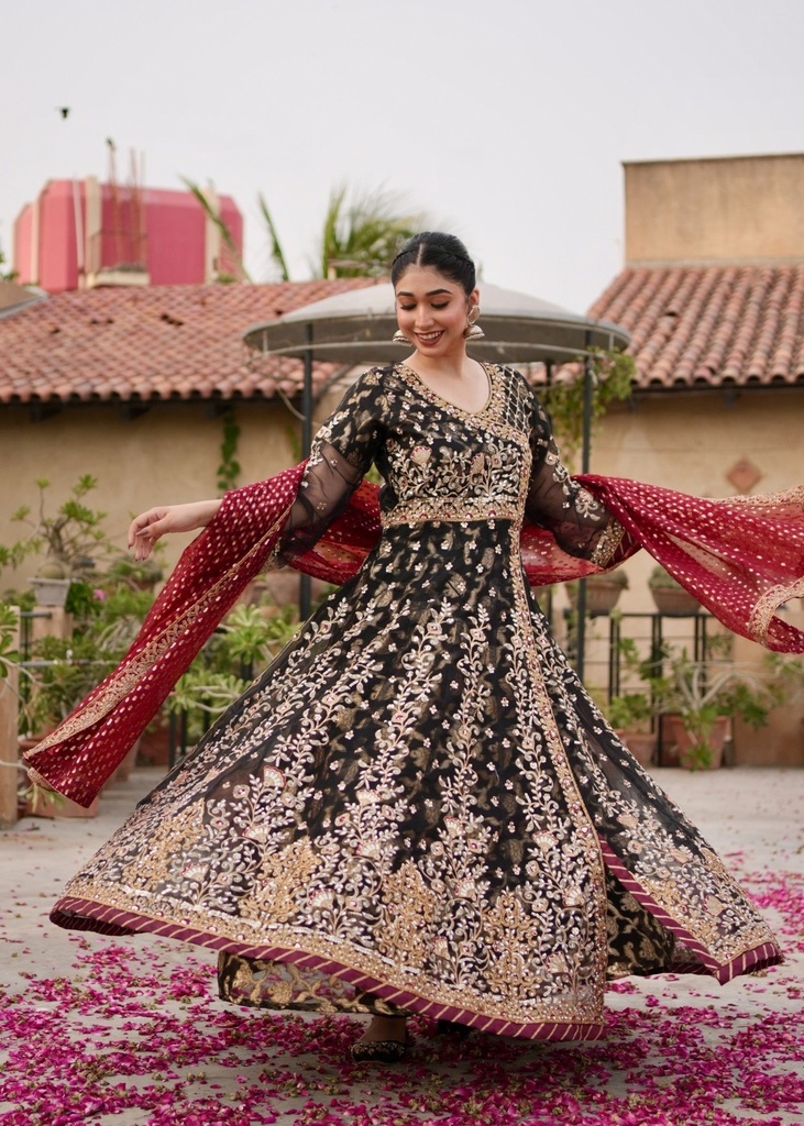 Organza Angrakha in Maroon, black