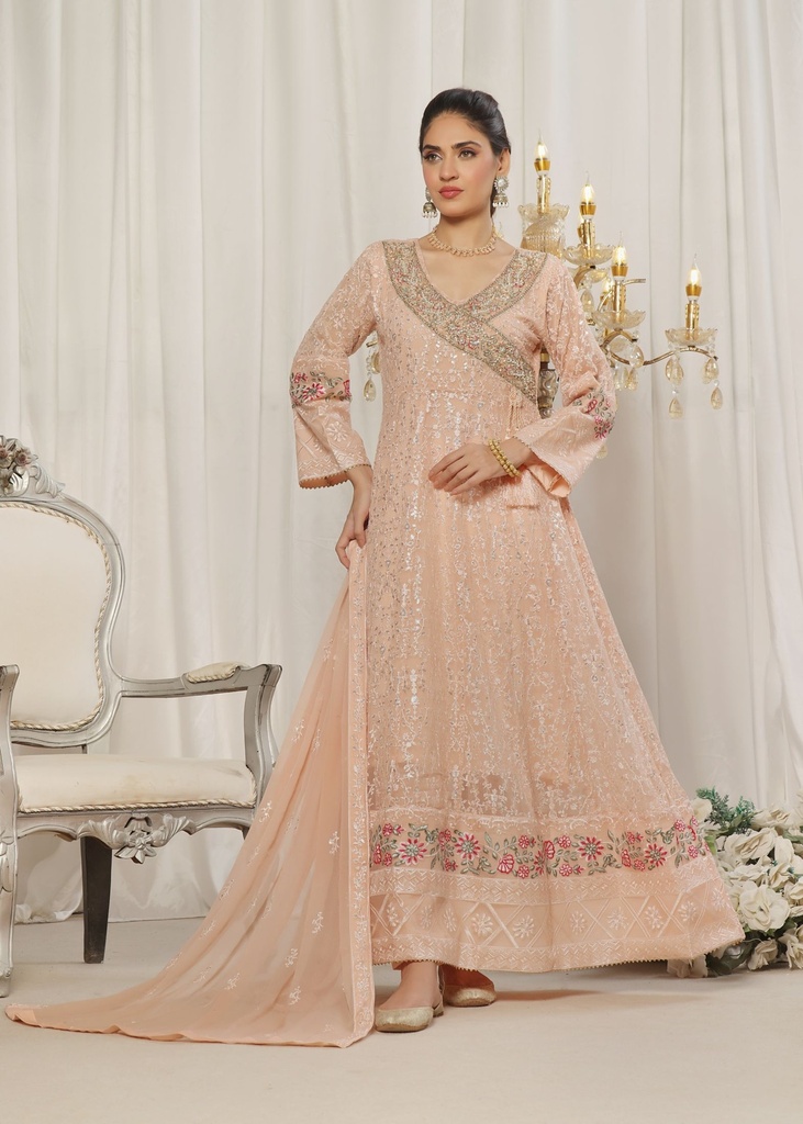 Chiffon Angrakha in Peach pink
