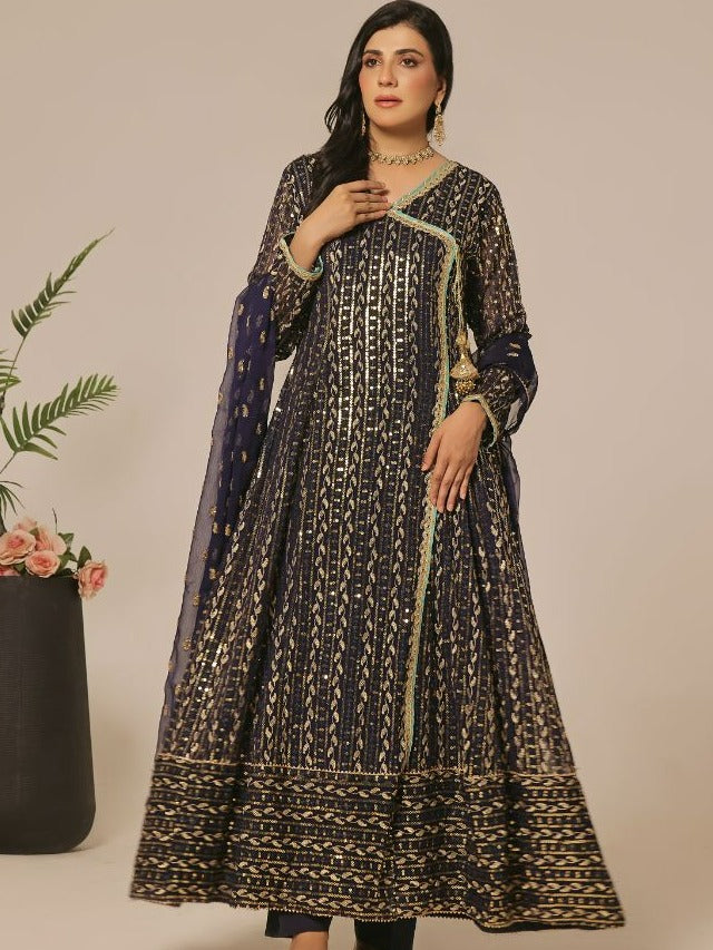 Chiffon Angrakha in Navy blue