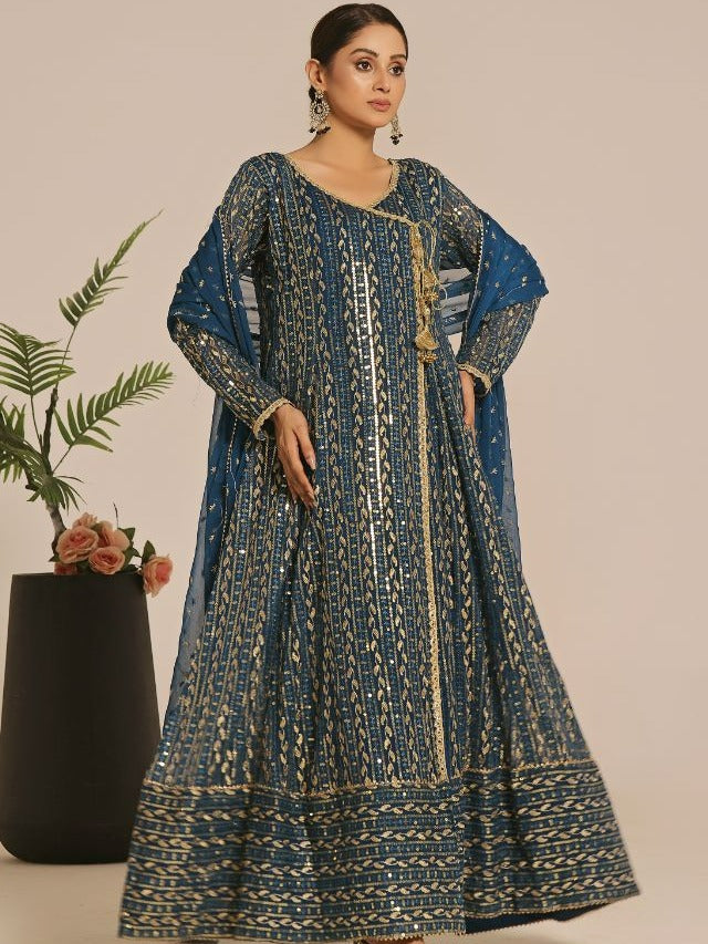 Chiffon Angrakha in Teal