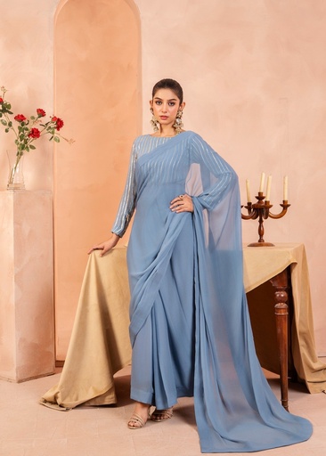 [YPP6849] Saree in Powder blue by Tonics Clothing