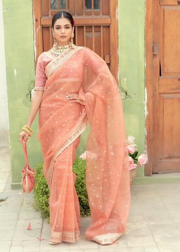 [KOQ5269] Saree in Coral pink by Anum Jung
