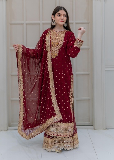 [QBP7903] Gharara in Maroon by Rangoon Clothing