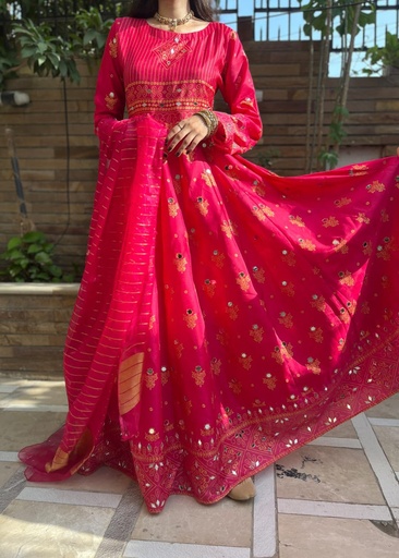 Cotton silk Anarkali in Shocking pink