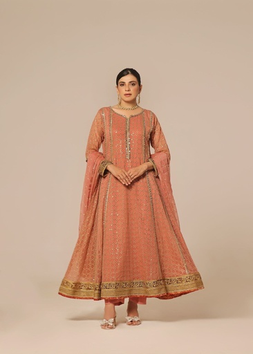 Chiffon Anarkali in Coral pink
