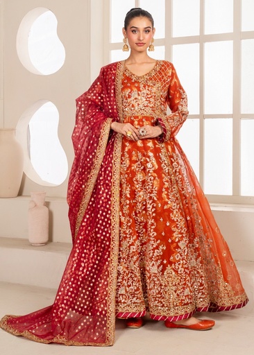 Banarasi resham silk Angrakha in Rust orange