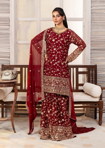 Chiffon Gharara in Cherry red