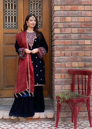 Velvet Gharara in Navy blue