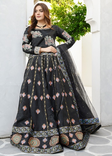Kattan silk Lehenga in Black