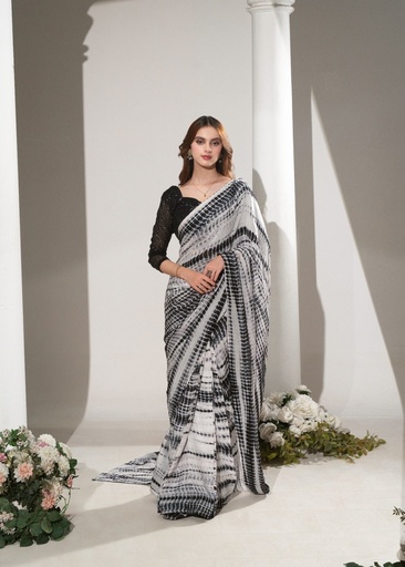 Net Saree in Black, white