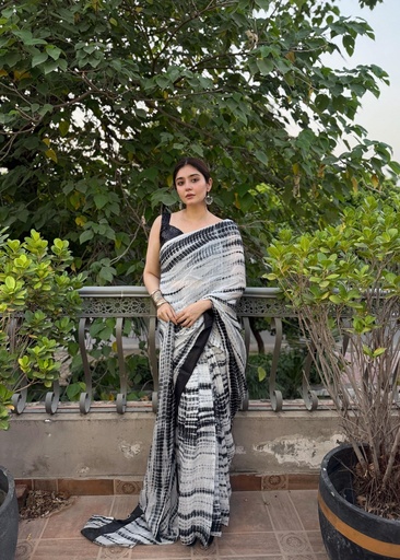 Net Saree in White, black