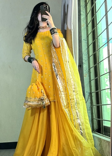 Bemberg crinkle chiffon Sharara in Yellow